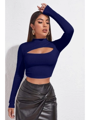 Kadın Lacivert Göğüs Dekolteli Uzun Kollu Cut Out Crop Top Bluz