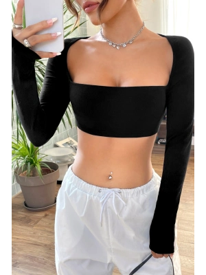 Kadın Siyah Uzun Kol Göğüs ve Sırt Dekolteli Crop Top Bluz