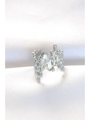 ® Silver Renk Tırtıklı Kalın Baget Taş Tasarım Ayarlanabilir Yüzük