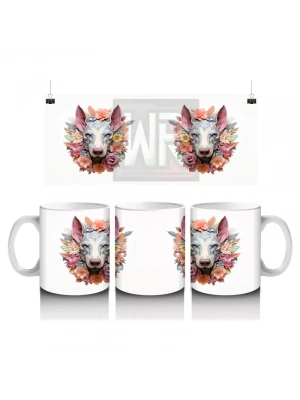 Simetrik Çiçekli Fon Üzerinde İkiz Köpek Figürleri – Baskılı Kahve Kupası