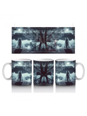 Sisli Mezarlıkta Kara Pelerinli Silüet Figürlü Gotik Cadılar Bayramı Baskılı Kupa Bardak