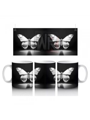 Siyah Beyaz Işıltılı Kelebek Silueti – Baskılı Kahve Kupası