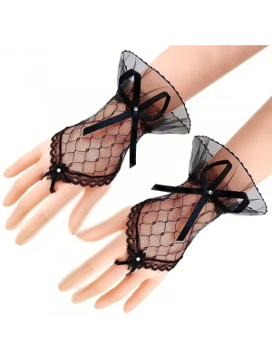 Siyah Dantel Fiyonklu Parmak Halkalı Kadın Eldiveni