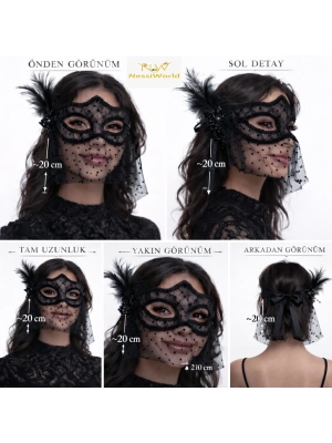 Siyah Dantel Tüllü Peçeli Parti Maskesi