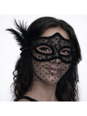 ® Siyah Dantel Tüllü Peçeli Parti Maskesi - Tüylü İnci Detaylı