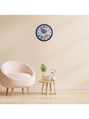 Siyah Floral Tea Cup Duvar Saati
