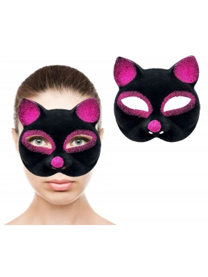 Siyah Fuşya Simli Süet Kedi Maskesi