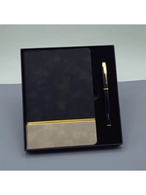 Siyah Gold Detaylı Termo Deri Defter Ve Metal Roller Kalem Hediye Seti