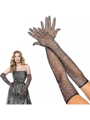 Siyah İncili Elmas File Örgü Uzun Eldiven