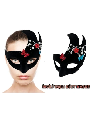 Siyah İncili Taşlı Süet Venedik Parti Maskesi