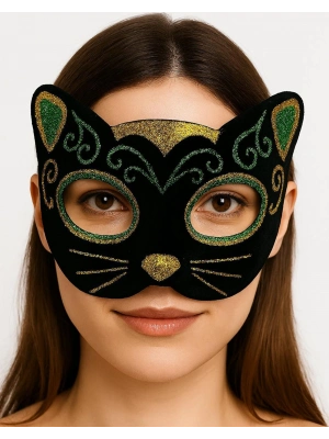 Siyah Kadife Kaplama Üzeri Sarı Yeşil Sim İşlemeli Kedi Maskesi 20x13 Cm