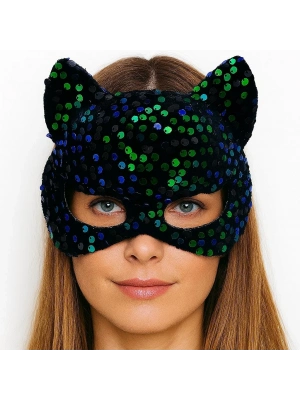 Siyah Kadife Kumaş Üzerine Mavi Yeşil Payetli Pullu Parti Maskesi 16x14 Cm