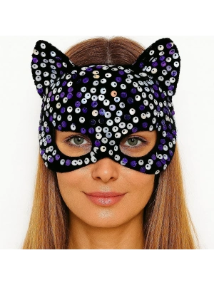 Siyah Kadife Kumaş Üzerine Mor Beyaz Payetli Pullu Parti Maskesi 16x14 Cm