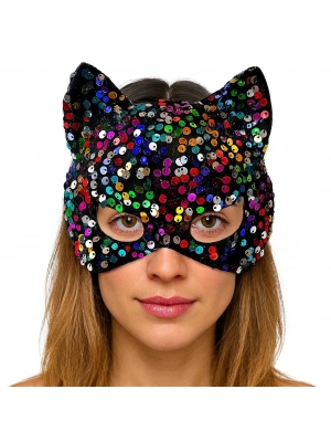 Siyah Kadife Kumaş Üzerine Rengarenk Payetli Pullu Parti Maskesi 16x14 Cm