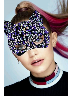 Siyah Kadife Mor Beyaz Pullu Parti Maskesi