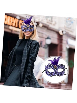 Siyah Kadife Payetli Pullu Mor Tüylü Parti Maskesi