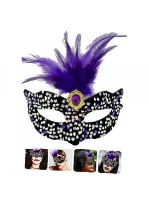 Siyah Kadife Payetli Pullu Mor Tüylü Parti Maskesi