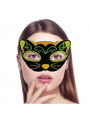 Siyah Kadife Sarı Yeşil Simli Kedi Maskesi