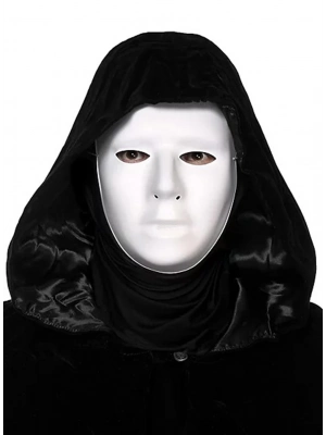 Siyah Kapüşonlu 120 cm Pelerin ve Beyaz Boyanabilir Tam Yüz Maske