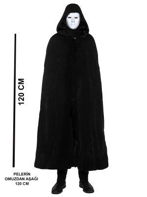 Siyah Kapüşonlu 120 Cm Pelerin Ve Beyaz Boyanabilir Tam Yüz Maske