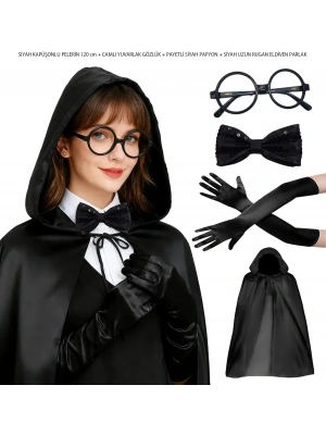 Siyah Kapüşonlu Büyücü Ve Cadı Pelerin Kostüm Seti (4 Parça)