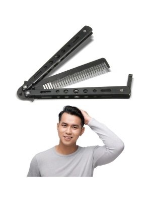 ®  Siyah Katlanabilir Paslanmaz Çelik Kelebek Bıçak Tarak Sakal Bıyık Fırçası Profesyonel Saç Kesimi İçin Tarak