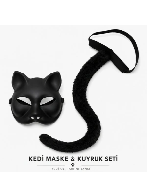 Siyah Kedi Maskesi ve Peluş Kuyruk Kostüm Seti 70 cm