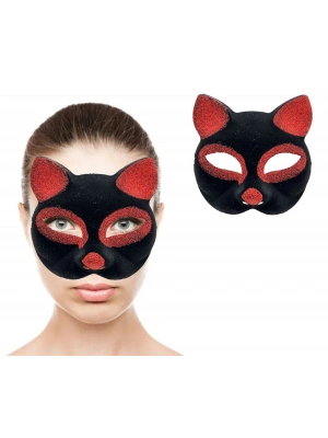 Siyah Kırmızı Simli Süet Kedi Maskesi