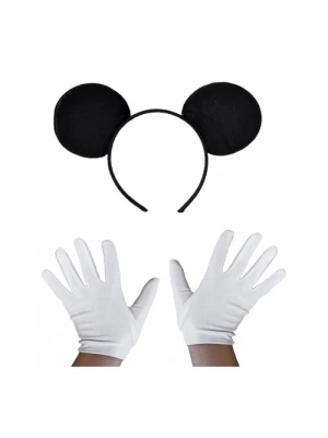 Siyah Mickey Mouse Tacı ve Beyaz Eldiven Seti