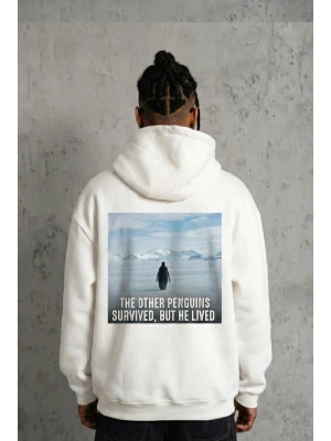 Siyah Oversize Hoodie - Sırt Baskılı Survivor Penguin Temalı, Felsefi Yazılı Kapüşonlu Sweatshirt - Beyaz
