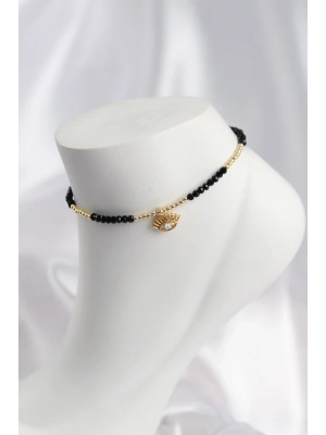 Siyah Renk Boncuklu Nazarlı Göz Figürlü Halhal