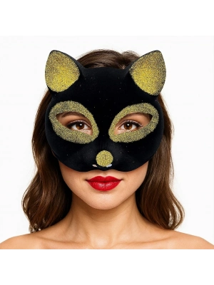 Siyah Renk Gold Simli Süet Kaplama Kedi Maskesi 18x14 Cm