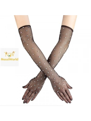 Siyah Renk İncili Elmas İşlemeli File Örgü Uzun Eldiven 45 cm