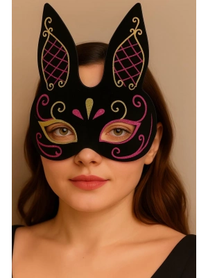 Siyah Renk Kırmızı Gold Simli Siyah Süet Kaplama Tavşan Maskesi 18x16 Cm