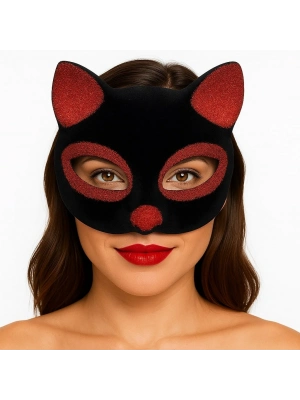 Siyah Renk Kırmızı Simli Süet Kaplama Kedi Maskesi 18x14 Cm