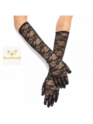 Siyah Renk Orta Boy Dantelli Eldiven Uzun Model