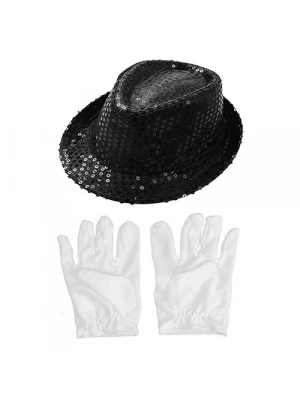 Siyah Renk Payetli Çocuk Şapkası Ve Beyaz Renk Çocuk Eldiveni