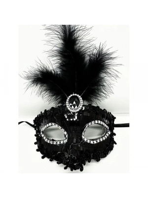 Siyah Renk Payetli Pullu Tüylü Parti Maskesi