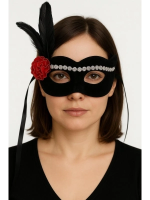 Siyah Renk Süet Kaplama Gümüş Dantelli Kırmızı Gül Tasarımlı Parti Maskesi 18x20 Cm