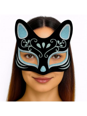 Siyah Renk Süet Kaplama Üzeri Gümüş Mavi Simli Kedi Maskesi 17x14 Cm