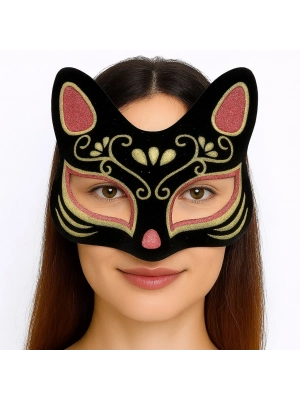 Siyah Renk Süet Kaplama Üzeri Kırmızı Sarı Simli Kedi Maskesi 17x14 Cm