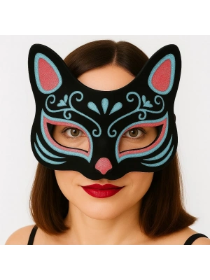 Siyah Renk Süet Kaplama Üzeri Mavi Kırmızı Simli Kedi Maskesi 17x14 Cm
