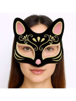 Siyah Renk Süet Kaplama Üzeri Pembe Sarı Simli Kedi Maskesi 17x14 Cm