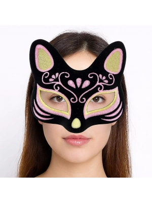 Siyah Renk Süet Kaplama Üzeri Sarı Pembe Simli Kedi Maskesi 17x14 Cm