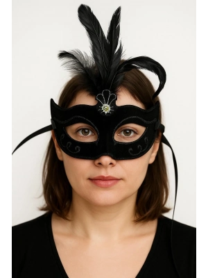 Siyah Renk Tüylü Siyah Süet Kaplama Parti Balo Maskesi 20x16 Cm