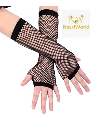 Siyah Renk Uzun File Eldiven - Örgü Eldiven Siyah Renk