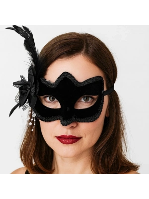 Siyah Renk Yandan Tüylü Beyaz İncili Süet Kaplama A Kalite Lüks Parti Maskesi 20x23 Cm