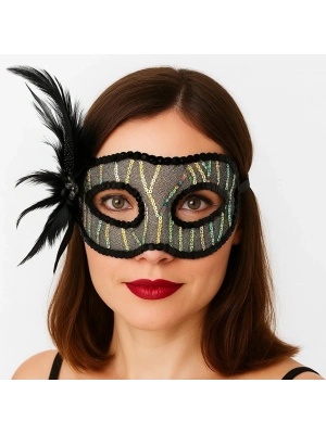 Siyah Renk Yandan Tüylü Pul Payet İşlemeli Parti Maskesi 23x12 Cm