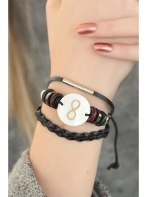 ® Siyah Renkli Sonsuzluk Tasarım Çoklu Deri Bayan Bileklik