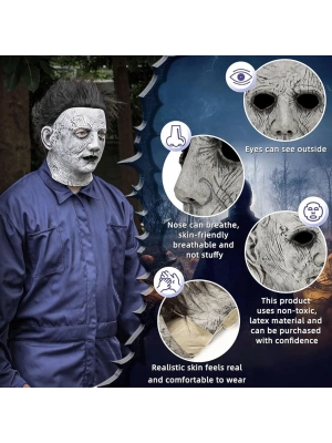 Siyah Saçlı Michael Myers Lateks Yüze Tam Yapışan Et Maske Korku Maskesi